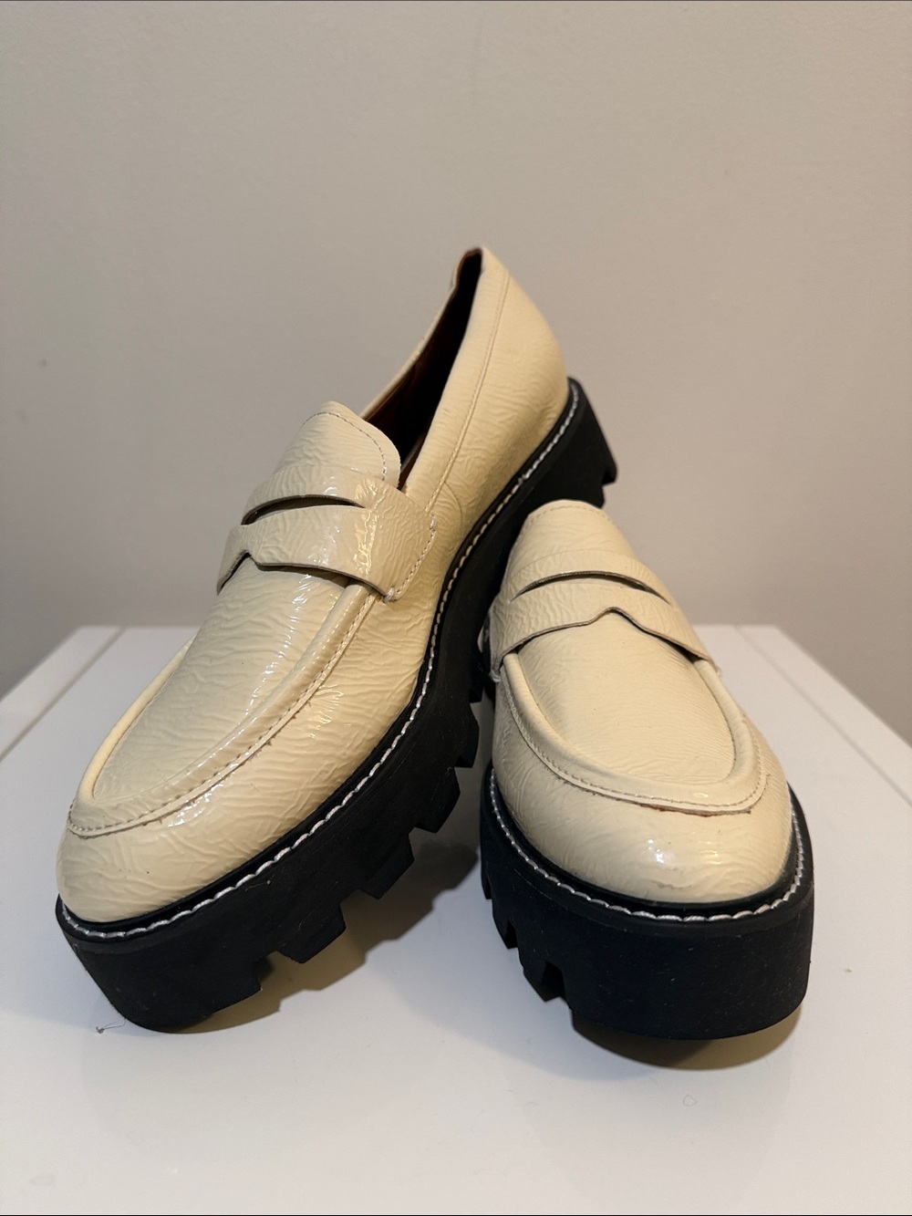 Franco Sarto Women's Balin Creamy Putty White Penny Loafers with Black Lug Sole